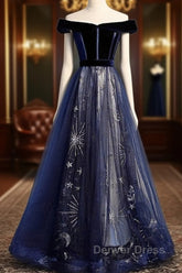 A-Line Elegant Floral Prom Formal Evening Dresses Off Shoulder Short Sleeve Sweep / Brush Train Tulle With Pleats Pattern / Print